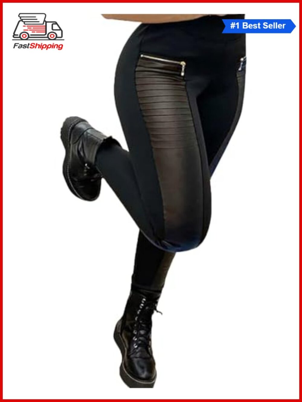 ✨ Faux Leather Leggings Zip Patch Mid Waist Stretchy Ankle Tights